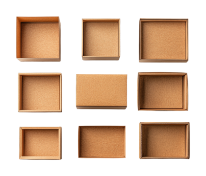 Creative stacking of empty cardboard boxes minimalist design top-down view organization concepts isolated on transparent background