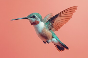 Fototapeta premium Colorful hummingbird in mid-flight against a soft pink background, showcasing its vibrant feathers and unique features in stunning detail