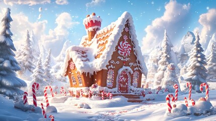 Whimsical winter wonderland, a gingerbread house amidst snowy trees