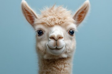 Obraz premium Unique and charming portrait of a fluffy alpaca against a soft blue background