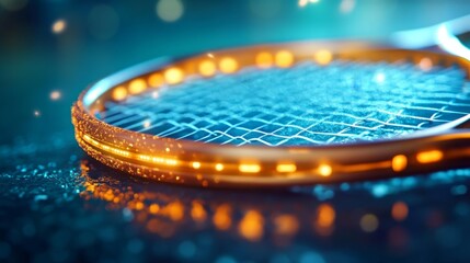Glowing Transparent Tennis Racket Surrounded by Digital Energy. Generative AI