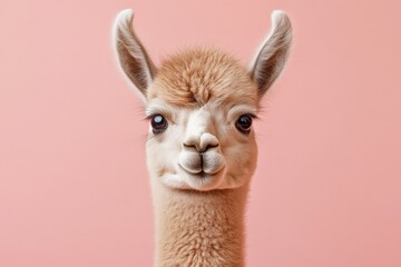 Obraz premium Llama portrait with soft fur and curious expression against a pastel pink background