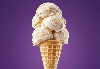 Delicious ice cream cone stack vibrant purple background food photography studio environment close-up view dessert indulgence
