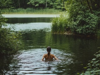 Fototapeta premium A woman enjoys a refreshing swim in a serene pond surrounded by nature.