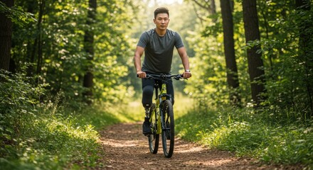 Obraz premium Adaptive athlete mountain biking on a woodland trail with prosthetic leg outdoors