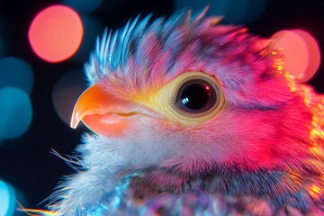 Fototapeta premium Colorful close-up of a bird showcasing vivid feathers and striking eyes against blurred vibrant lights