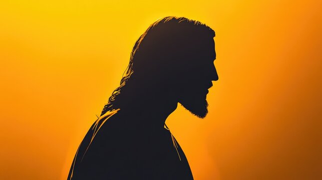 A silhouette of a bearded man, possibly a religious figure, set against the warm glow of a sunset.