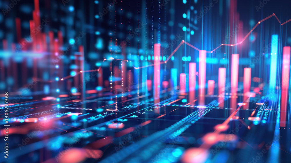 Poster digital data visualization with glowing graphs and charts