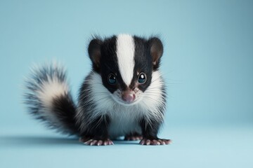 Fototapeta premium Adorable black and white baby skunk posing against a light blue backdrop