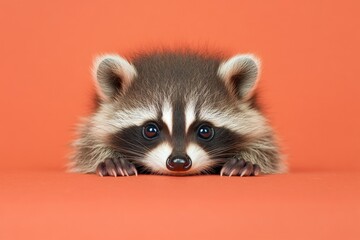 Cute raccoon peeking over a surface with an orange background