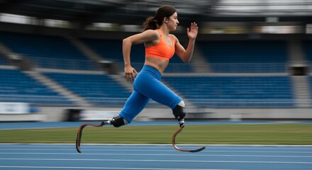 Determined woman with prosthetic legs sprinting on a running track with stadium background