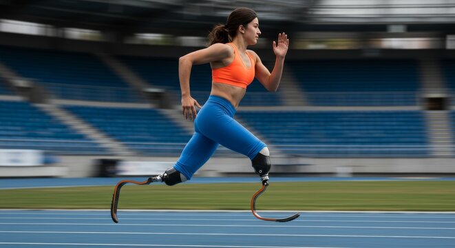 Determined woman with prosthetic legs sprinting on a running track with stadium background - Powered by Adobe