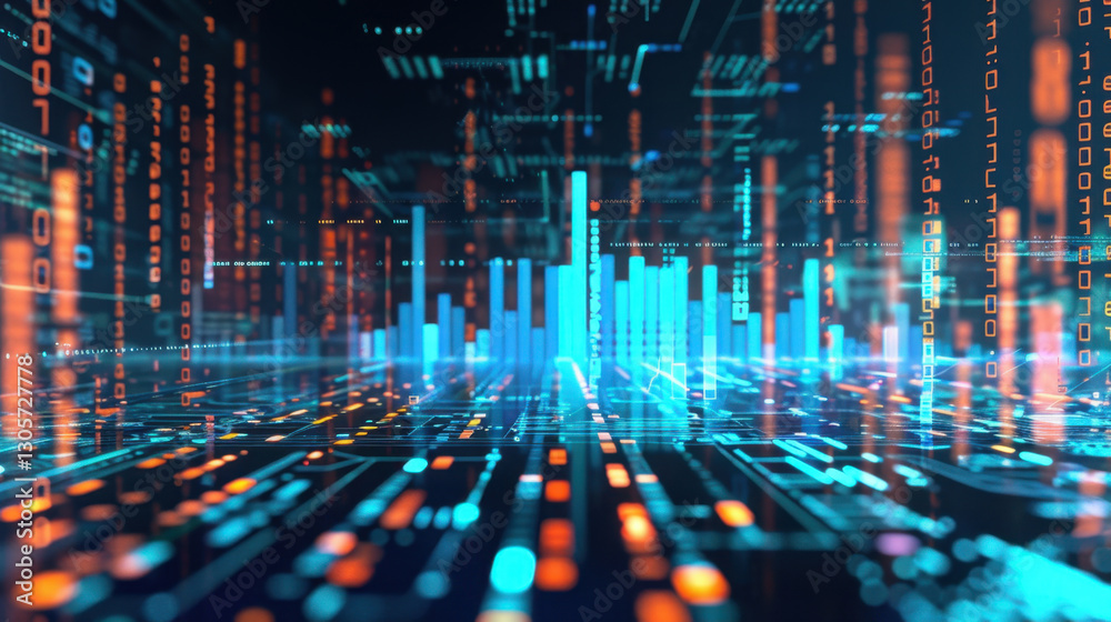 Poster vibrant digital landscape showcasing data visualization with glowing bars and binary code, represent