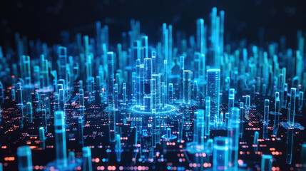 futuristic cityscape with glowing skyscrapers and digital elements, showcasing advanced technology and innovation. vibrant blue and neon lights create captivating atmosphere