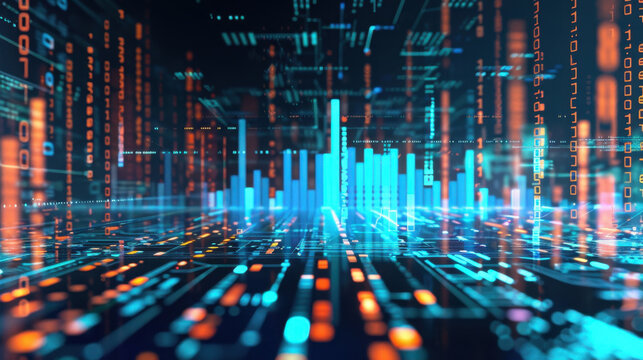 vibrant digital landscape showcasing data visualization with glowing bars and binary code, representing technology and analytics
