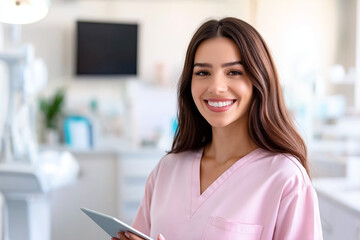A young female nurse in pink scrubs stands in a bright medical office, holding a tablet and smiling warmly. The background features medical equipment, creating a professional and welcoming atmosphere