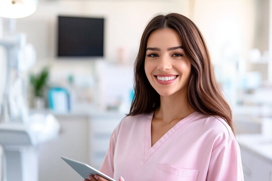 A young female nurse in pink scrubs stands in a bright medical office, holding a tablet and smiling warmly. The background features medical equipment, creating a professional and welcoming atmosphere - Powered by Adobe