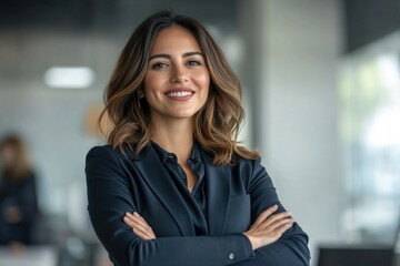 Naklejka premium A confident female business professional in a boardroom, wearing a suit, with her arms crossed and smiling. She is likely a corporate manager or executive.