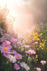 Obraz premium Beautiful colorful wild flowers in deep foggy forest with sun light in Spring.