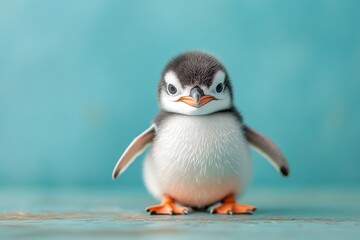 Naklejka premium Cute penguin chick posing in front of a bright turquoise background in a cheerful indoor setting