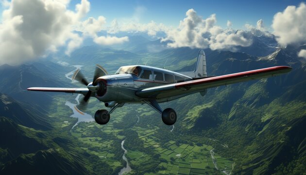 A light aircraft flying over a rural area