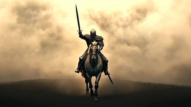 Depict a fierce warrior in medieval armor on a powerful horse, rearing up with his sword raised high against a stormy battlefield backdrop