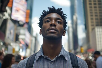 Obraz premium African American man on city street, backpacked, looking contemplative.
