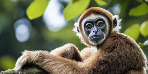 Obraz premium A young macaque sitting on a tree limb.