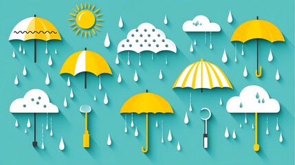 Yellow Umbrellas Clouds Sun And Rain Drops Against Blue Background