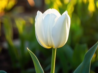 White tulip with green leaves, growing amidst field of other tulips