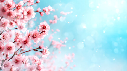 Fototapeta premium Delicate pink cherry blossoms flowering on branch, soft bokeh lighting, pastel blue sky background with open space for text