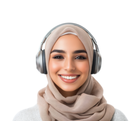 Smiling young woman in headphones portrait bright environment engaging concept isolated on transparent background
