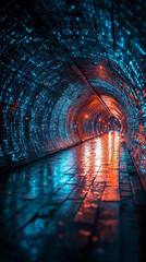 digital stream in the big data field, symbolizing high-speed internet, global cyber digitalization, and the flow of binary code in a futuristic tunnel through cyberspace