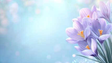 Fototapeta premium Purple crocuses emerging through soft light, blending with dreamy blue bokeh background