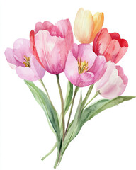 Fototapeta premium Hand-Painted Watercolor Tulip Bouquet with Pink, Red, and Yellow Flowers, Botanical Floral Artwork
