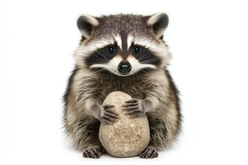 Ringtail raccoon with round facial features, holding a stone in its paws.