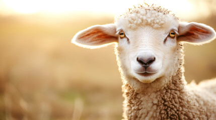 Fototapeta premium Soft lamb standing amid golden sunset-illuminated meadow, highlighting pastoral serenity and natural youth