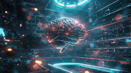 futuristic digital brain surrounded by glowing circuits and lights, symbolizing technology and intelligence. vibrant colors create captivating atmosphere