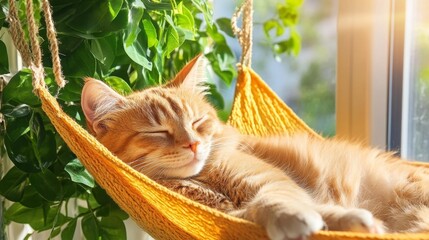 A cat napping contentedly in a cozy hammock surrounded by plants and sunlight in a tranquil setting. Generative AI