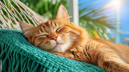 A Relaxed Ginger Cat Lounging Comfortably on a Hammock Surrounded by Greenery. Generative AI