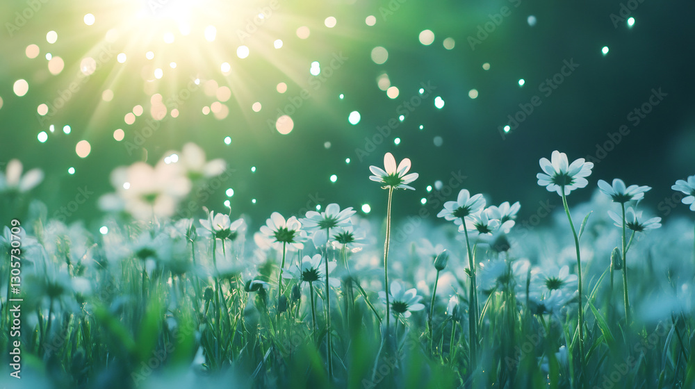 Poster White flowers growing in a field with bokeh and sun rays during sunset, creating a magical mood
