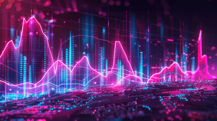 Colorful digital data visualization with vibrant pink and blue graphs, representing financial trends and analytics in futuristic setting