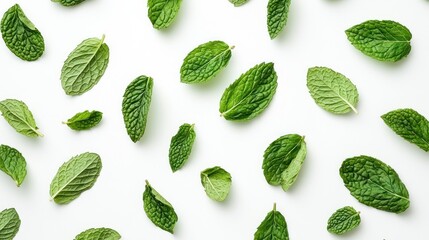 Scattered fresh mint leaves on a white background offering a refreshing vibe