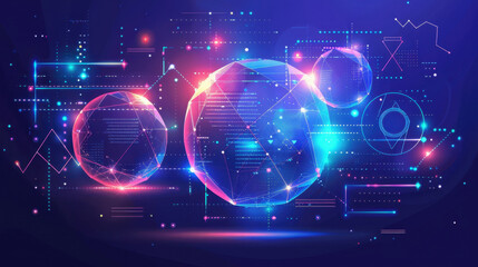 Fototapeta premium vibrant digital abstract design featuring glowing spheres and geometric shapes, representing technology and data visualization. colorful lights create futuristic atmosphere