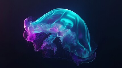 Glowing neon jellyfish underwater, vibrant colors, dark background.
