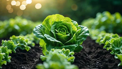 Gordijnen Fresh green lettuce growing in a vibrant garden during golden hour sunlight © fotofabrika