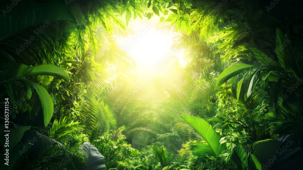 Poster Sunlight filtering through dense tropical canopy, illuminating verdant leaves with golden warmth and creating dappled jungle landscape