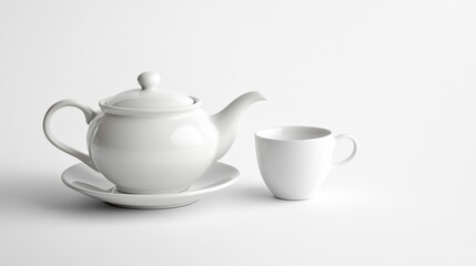 Elegant White Teapot and Cup Set on White Background