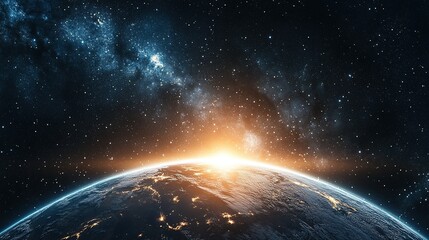 Planet earth rotating in space with milky way galaxy and sunrise. Ai generative