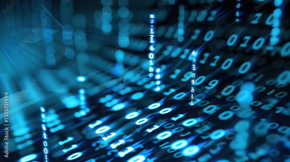 Poster abstract digital background with binary code in blue tones, representing technology and data. glowin